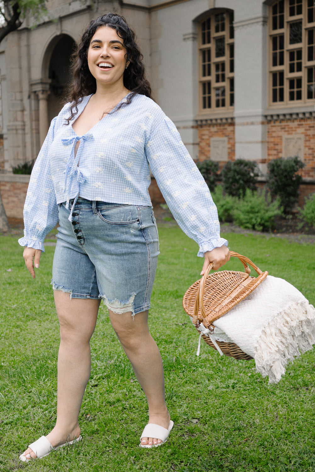 Elle Button Fly Mid-Length Shorts With Distressing - PLUS - Image 3