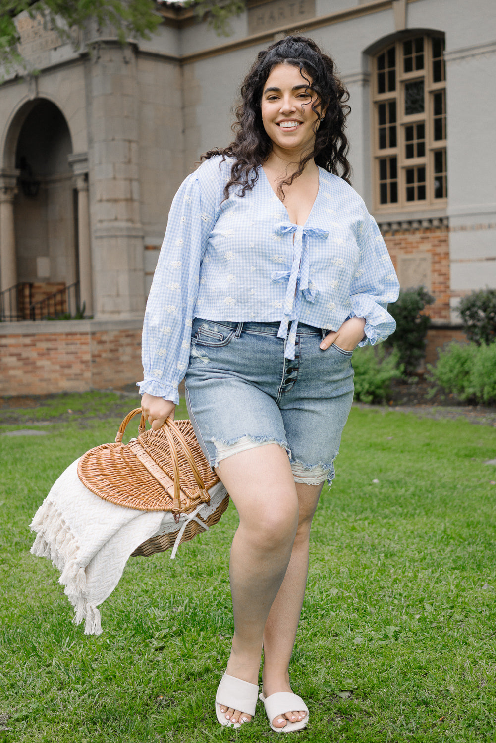 Elle Button Fly Mid-Length Shorts With Distressing – PLUS