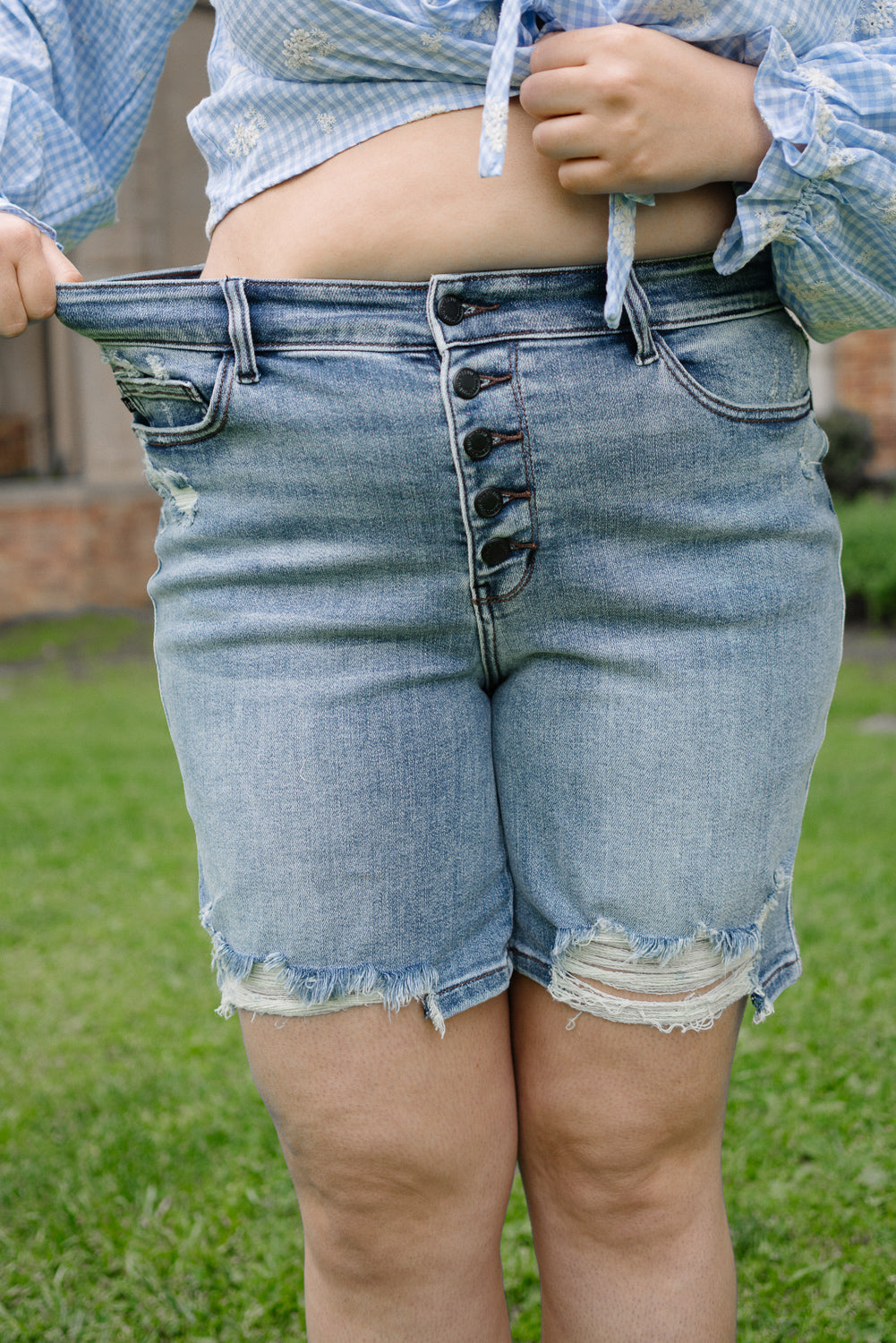 Elle Button Fly Mid-Length Shorts With Distressing - PLUS - Image 4