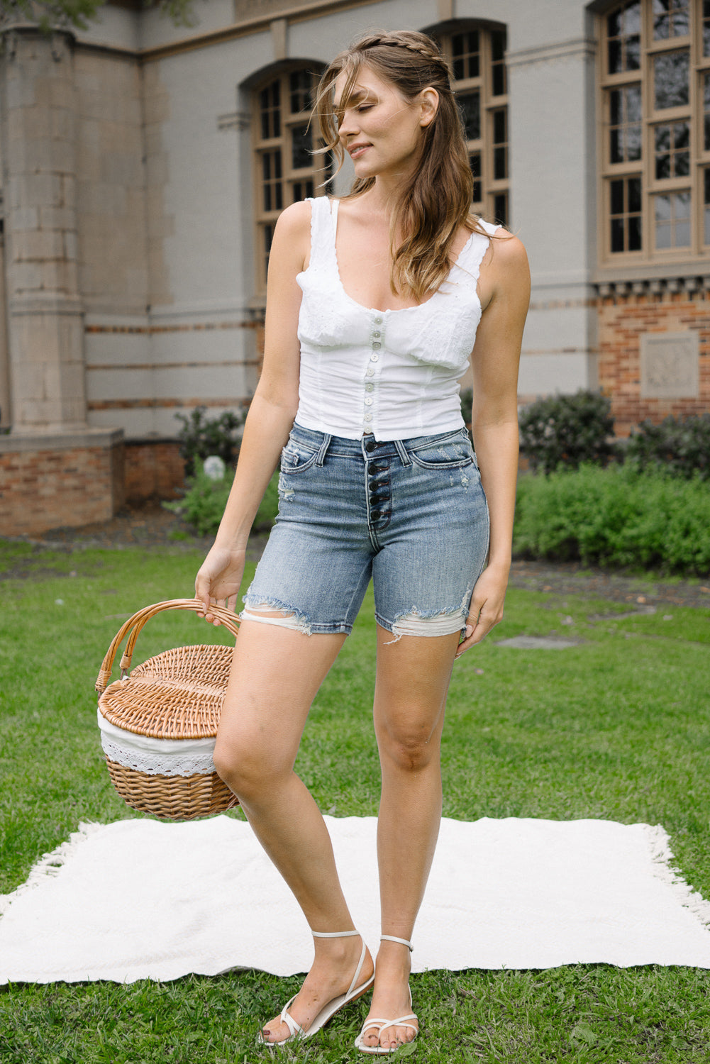 Elle Button Fly Mid-Length Shorts With Distressing - Image 4