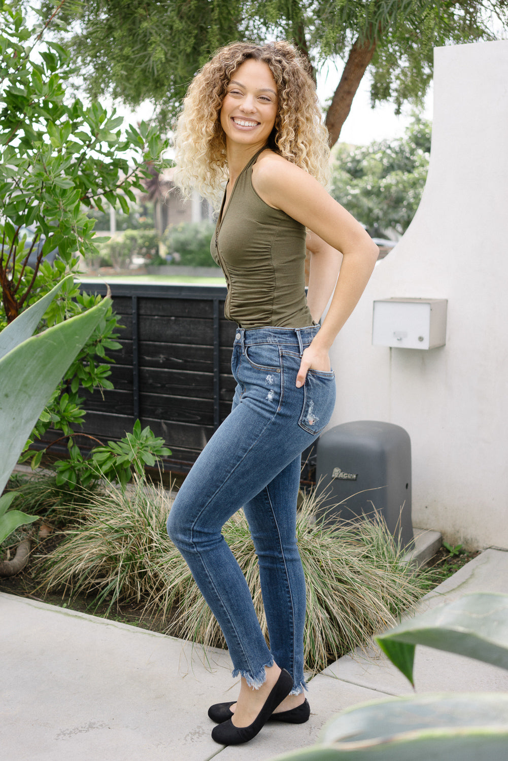 Dessarie High Rise Skinny with Distressed & Shark Bit Hem - Image 2