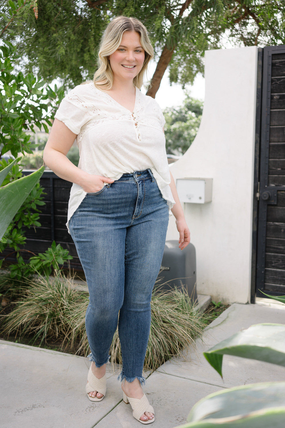 Dessarie High Rise Skinny with Distressed & Shark Bit Hem – PLUS