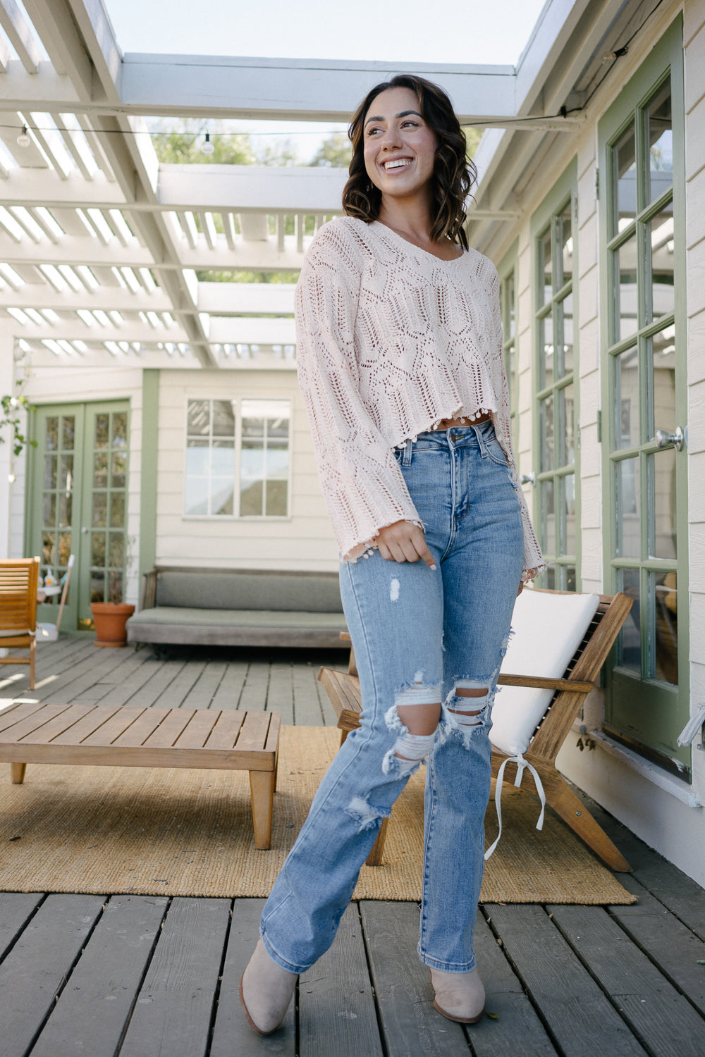 Faye Stone Wash Ripped Bootcut Jeans
