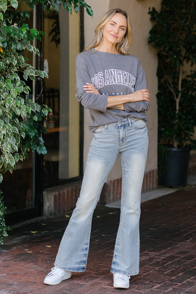 Megan Mid Rise Tinted Pin Tack Detail Flare Jeans