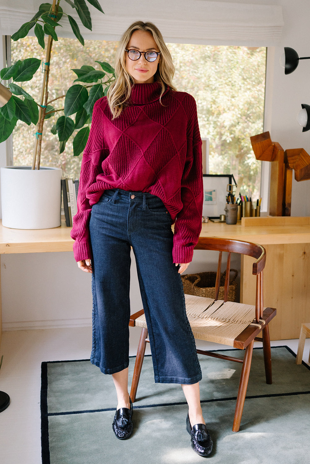 Diana High Rise Side Seam Braid Cropped Wide Leg Jeans