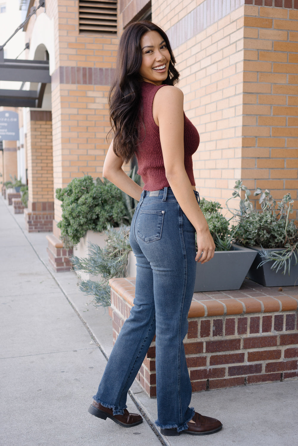 Lisa High Rise Button Fly Hem Distressed Straight Jeans - Image 4