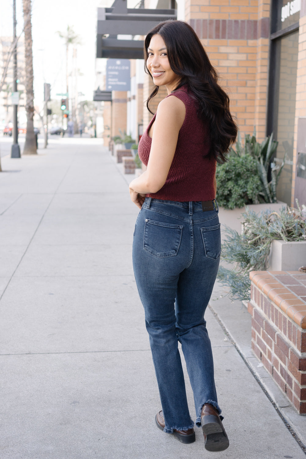 Lisa High Rise Button Fly Hem Distressed Straight Jeans - Image 5