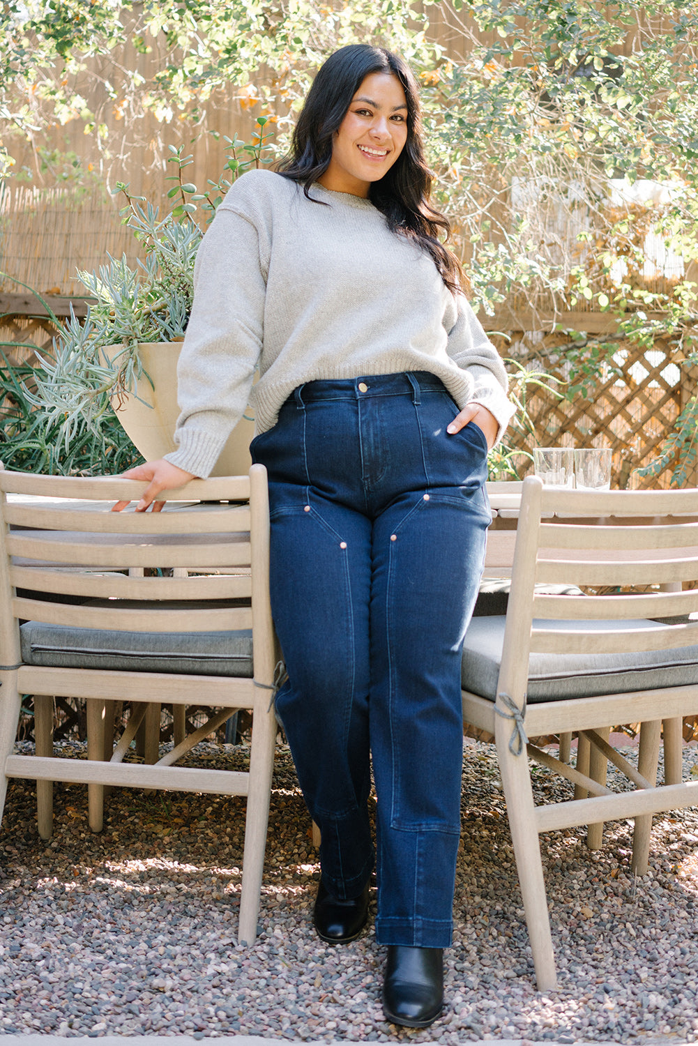 Leslie High Rise Work Wear Knee Patch Straight Jeans - PLUS - Image 3