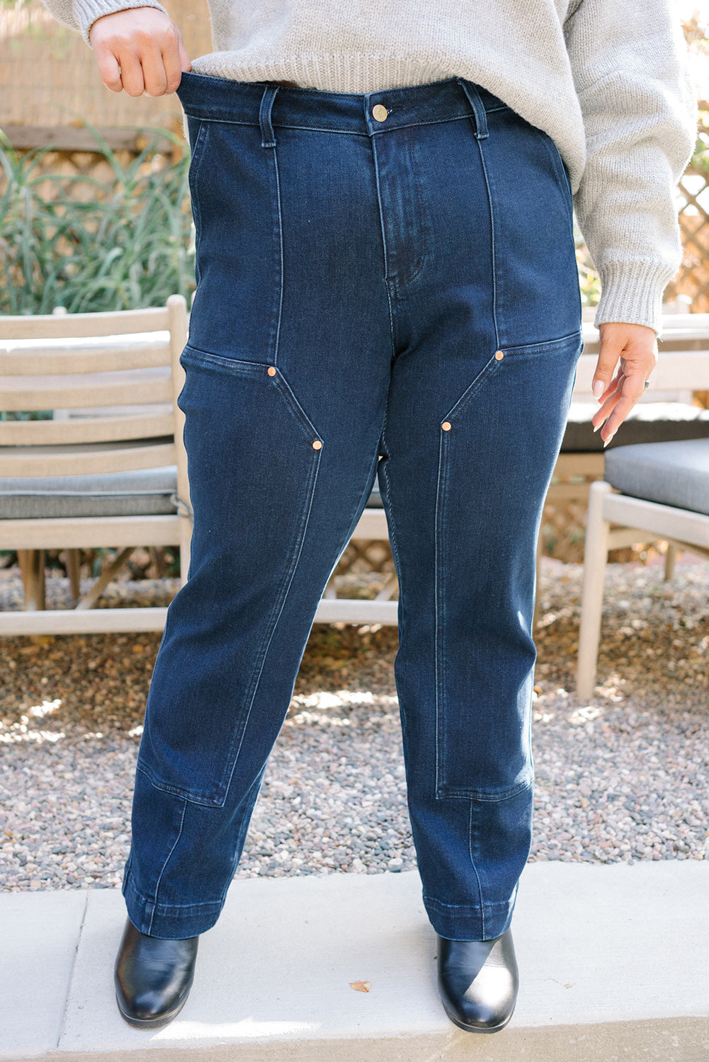 Leslie High Rise Work Wear Knee Patch Straight Jeans - PLUS - Image 6