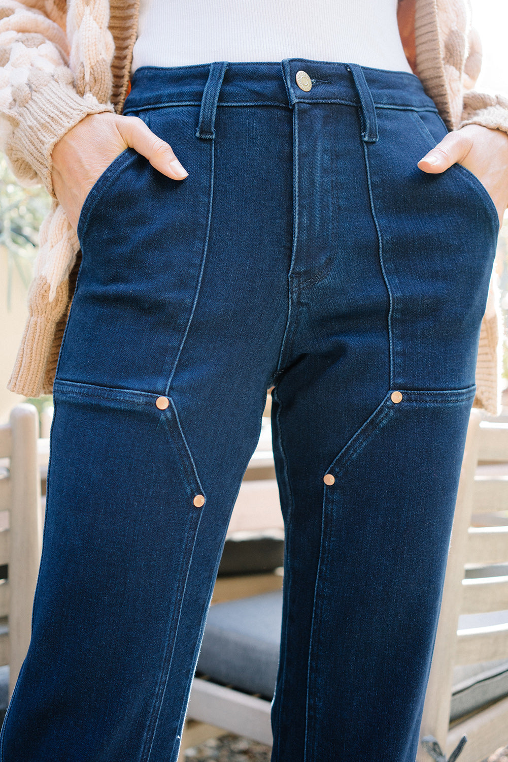 Leslie High Rise Work Wear Knee Patch Straight Jeans - Image 6