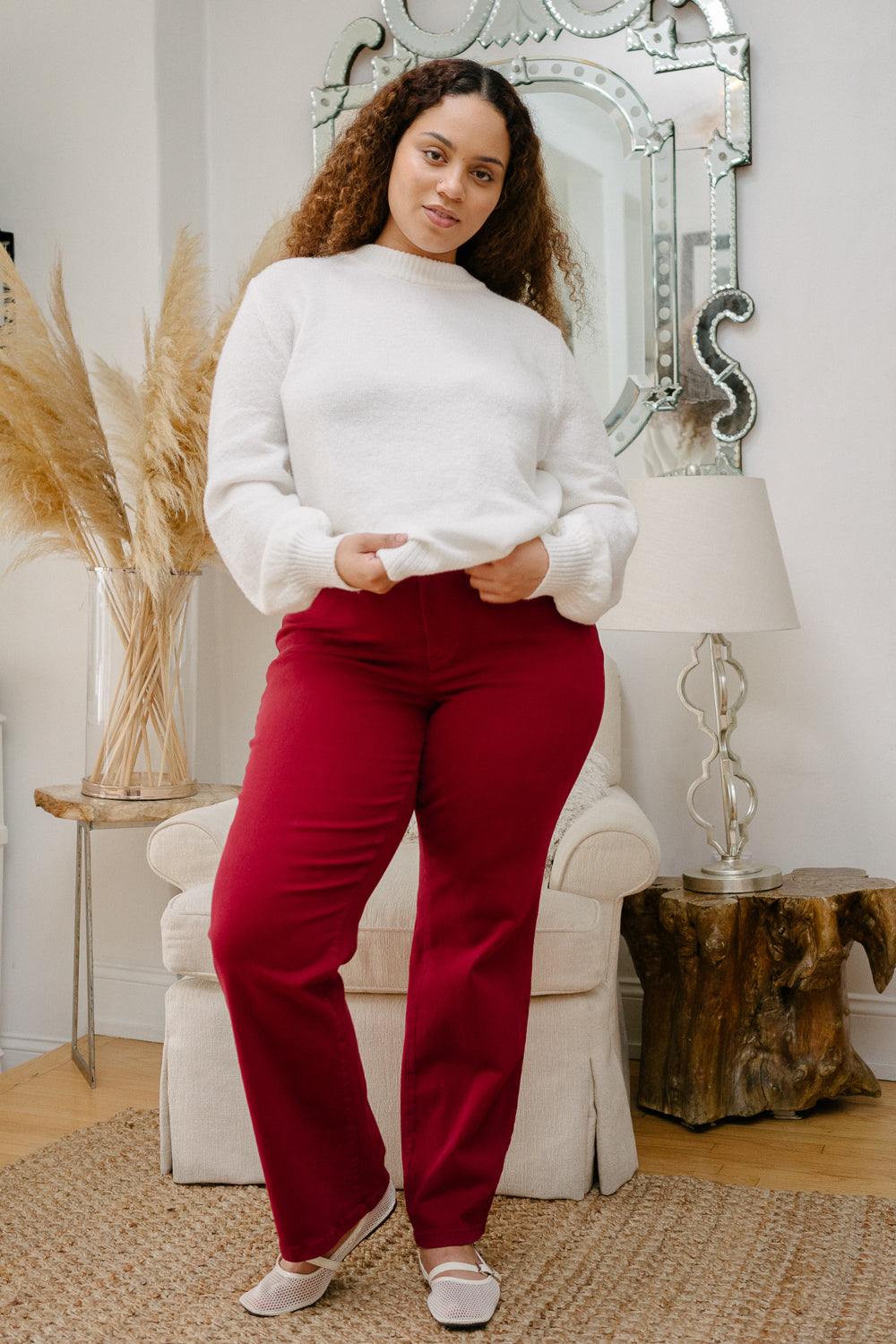 Rebecca High Rise 90’s Straight Red Jeans with a Heart Pocket Design – PLUS